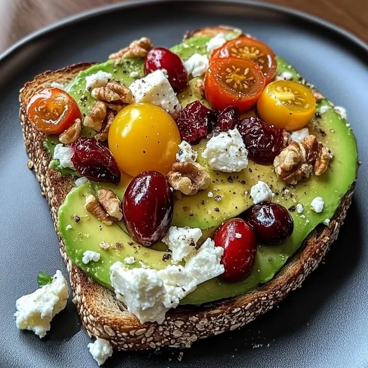 Avocado toast topped with feta cheese, cranberries, and walnuts on a wooden cutting board