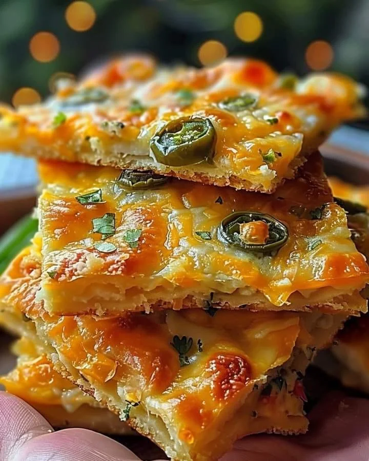Baked Jalapeño Cheese Squares on a platter, garnished and ready to serve