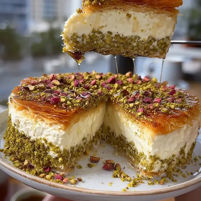 Baklava Cheesecake topped with honey and pistachios, a delightful dessert.