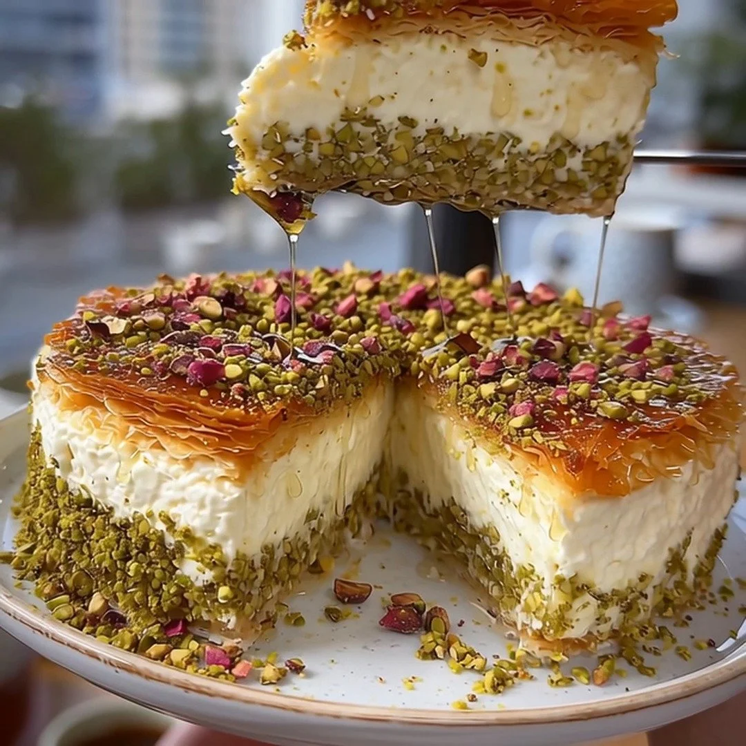 Baklava Cheesecake topped with honey and pistachios, a delightful dessert.