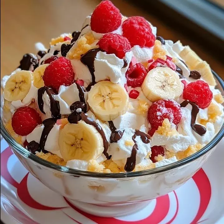 Delicious Banana Split Fluff Dessert in a serving bowl