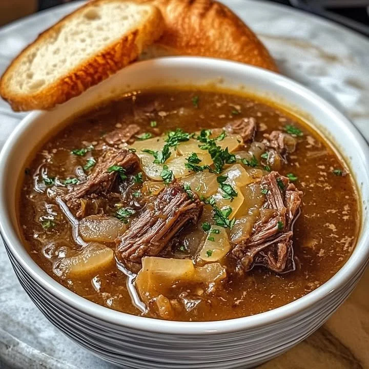 Delicious bowl of beef short rib French onion soup garnished with herbs