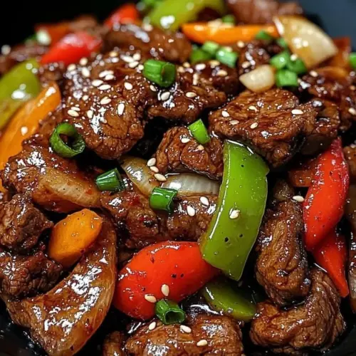 Beef stir fry with black pepper and colorful vegetables in a hot skillet.