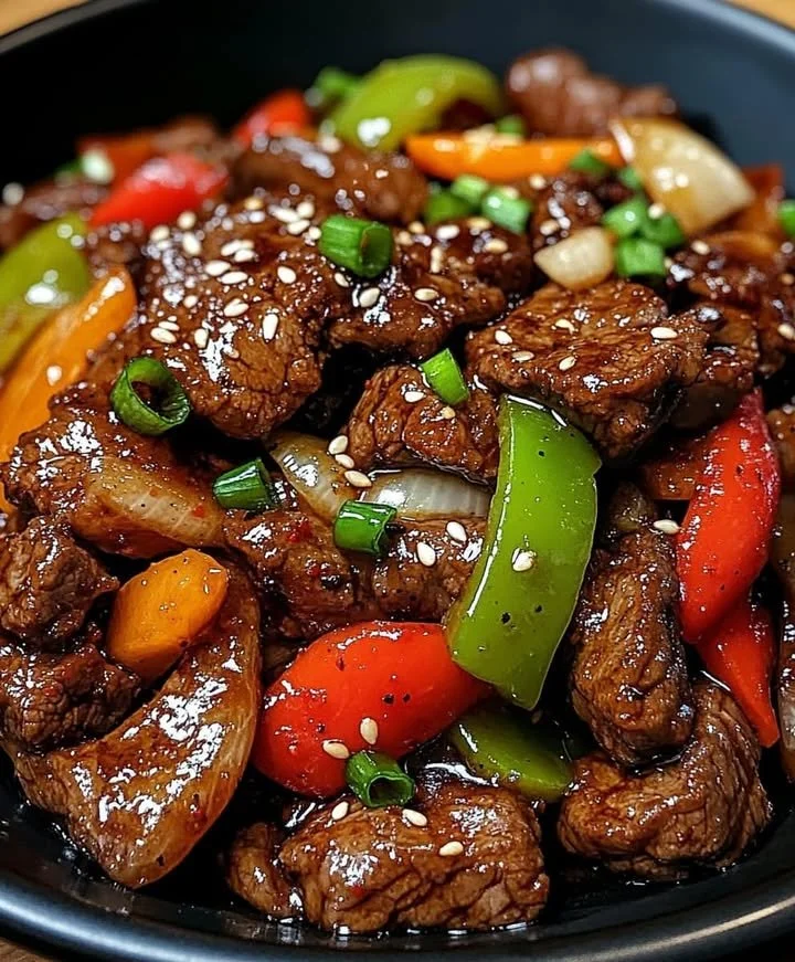 Beef stir fry with black pepper and colorful vegetables in a hot skillet.
