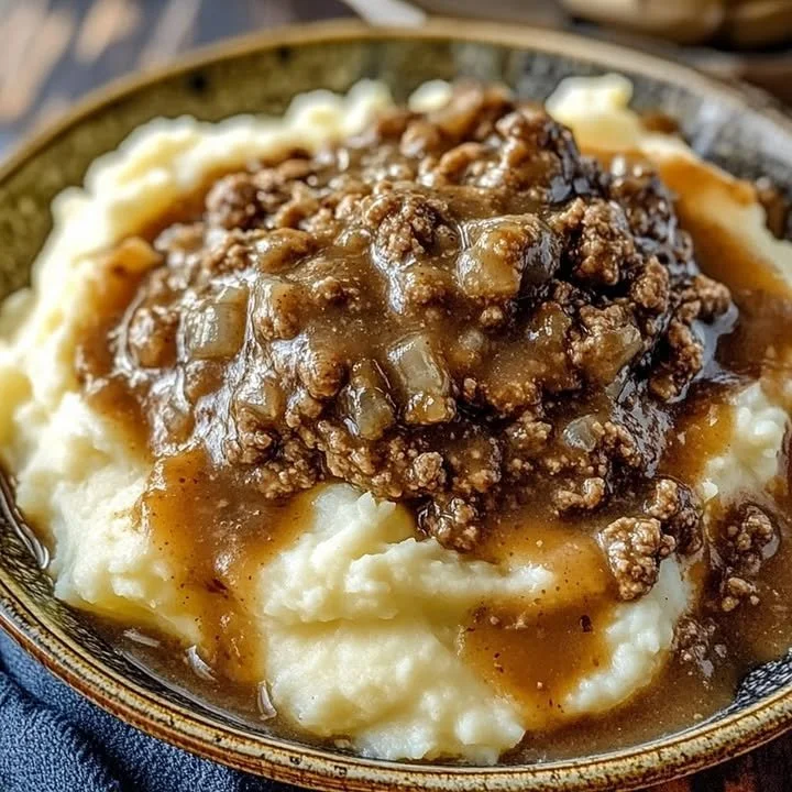 Delicious beef with gravy served over fluffy mashed potatoes