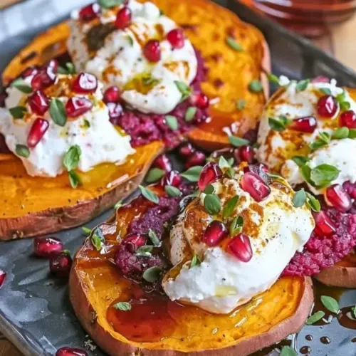 Beet hummus on a sweet potato toast topped with burrata cheese.