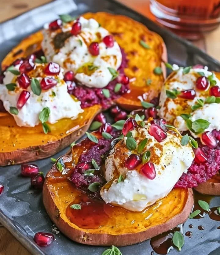 Beet hummus on a sweet potato toast topped with burrata cheese.