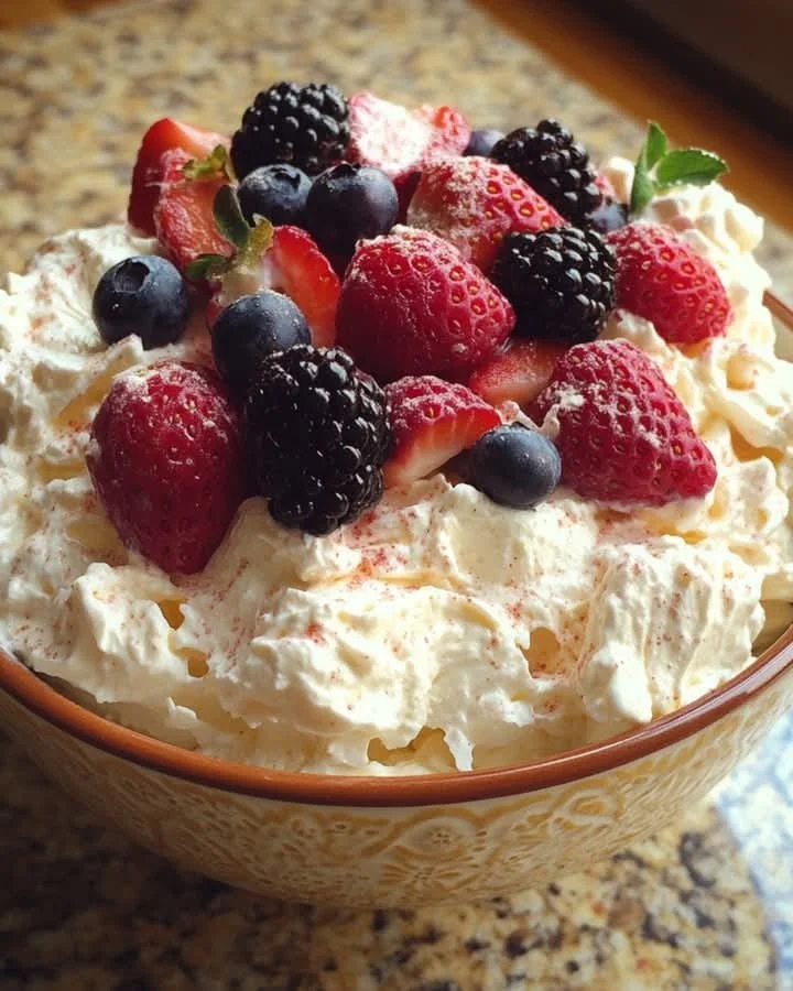 Low-carb berry cheesecake salad with fresh berries and creamy dressing.