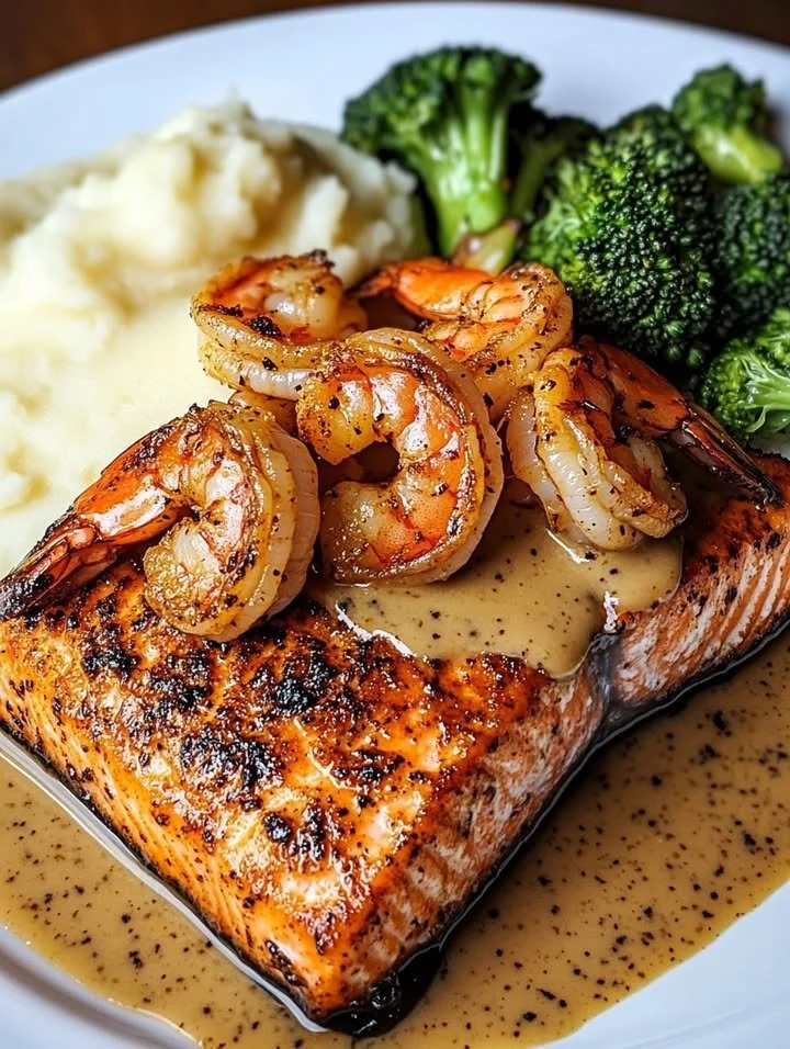 A plate of blackened salmon and shrimp garnished with herbs and lemon.