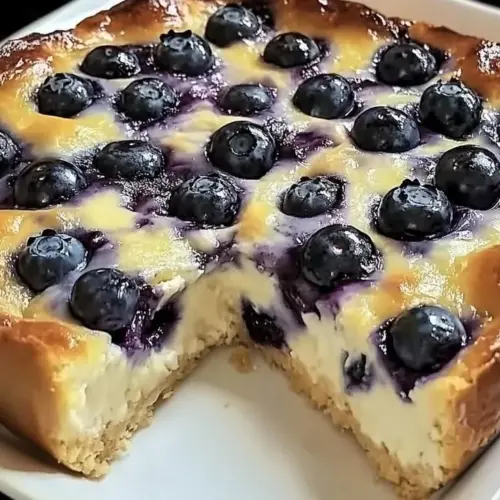 Blueberry cottage cheese breakfast casserole served in a dish