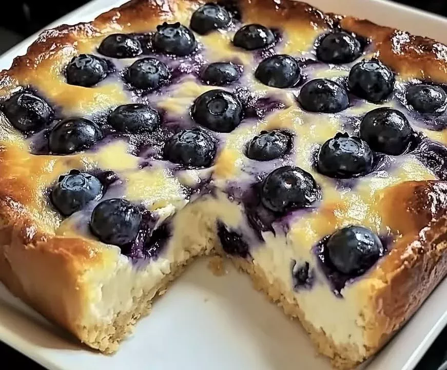Blueberry cottage cheese breakfast casserole served in a dish