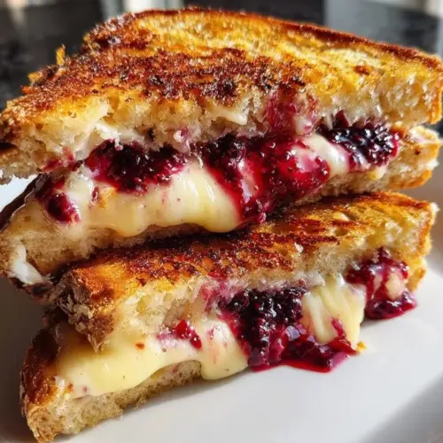 Gourmet grilled cheese sandwich with brie cheese and blackberry jam