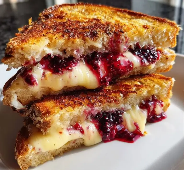 Gourmet grilled cheese sandwich with brie cheese and blackberry jam
