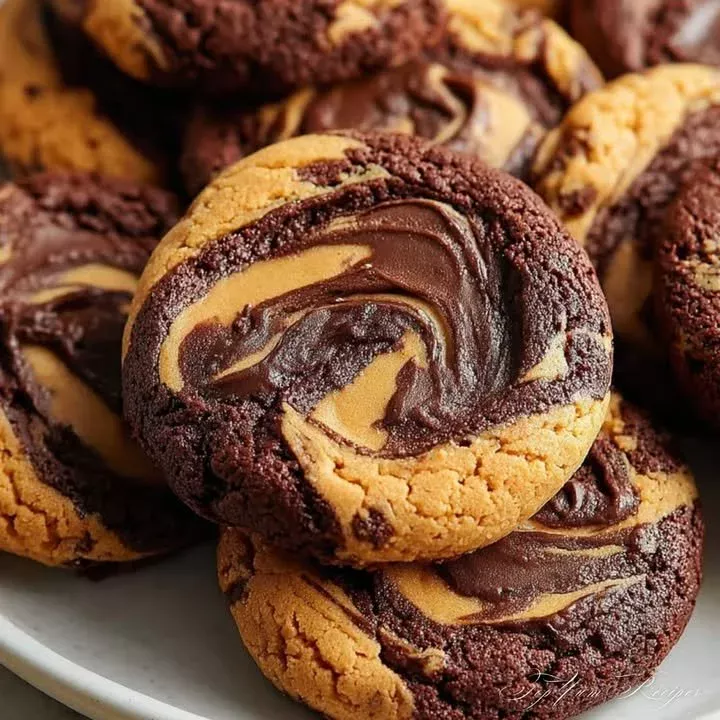 Brownie swirl peanut butter cookies stacked on a plate