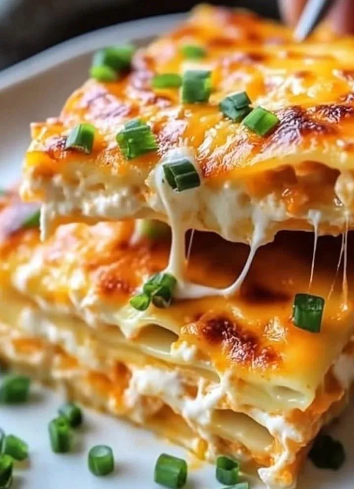 Buffalo Chicken Lasagna with Ranch topped with cheese and green onions