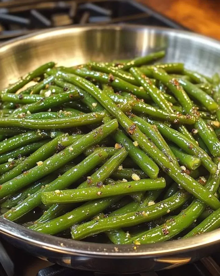 Plate of buttery green beans, a delicious side dish
