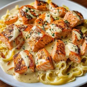 Delicious Cajun Lobster Salmon Alfredo served with a creamy sauce.