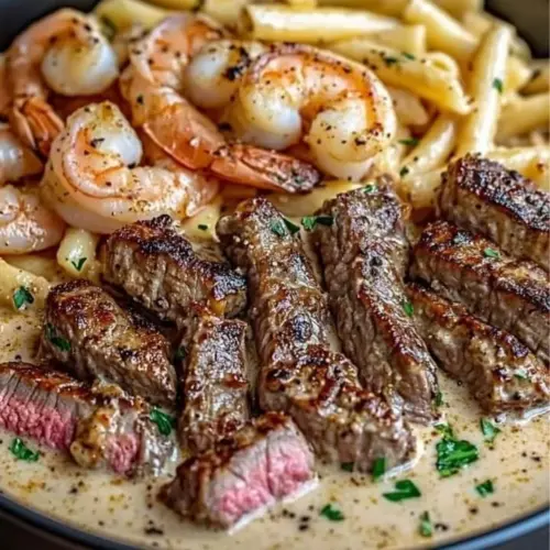 Creamy Cajun Shrimp and Steak Alfredo dish served with fettuccine pasta.