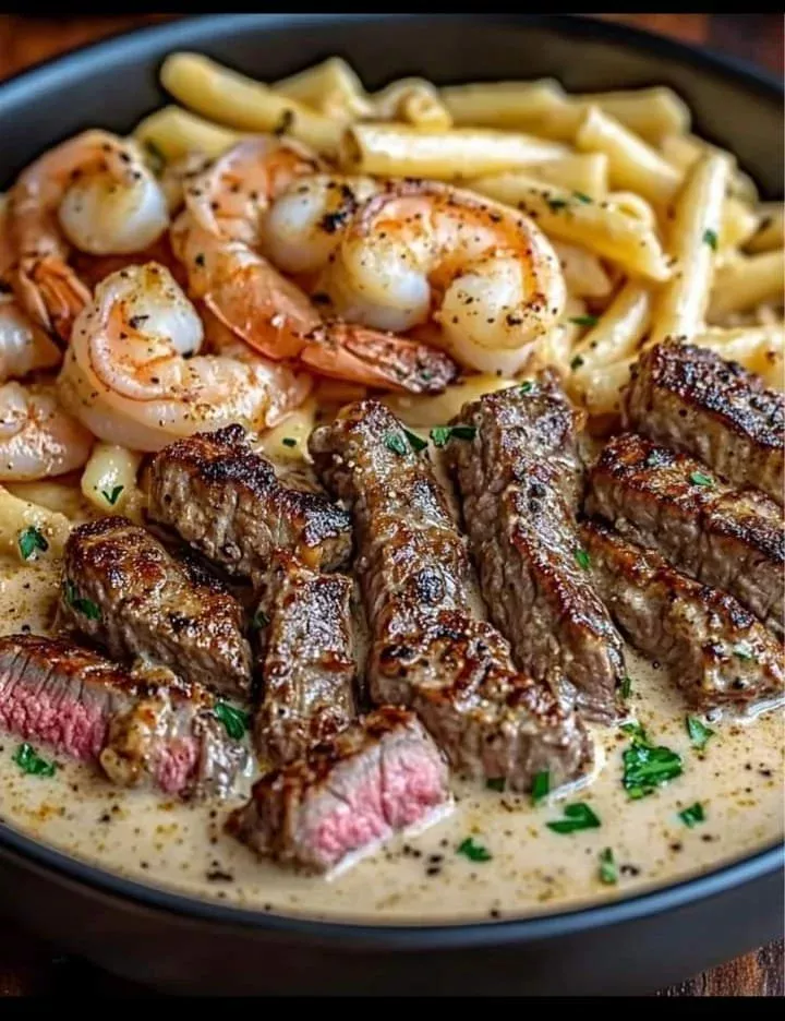 Creamy Cajun Shrimp and Steak Alfredo dish served with fettuccine pasta.