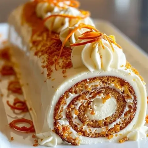 Homemade carrot cake roll with cream cheese frosting and garnish