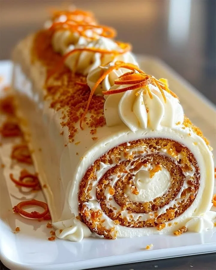 Homemade carrot cake roll with cream cheese frosting and garnish