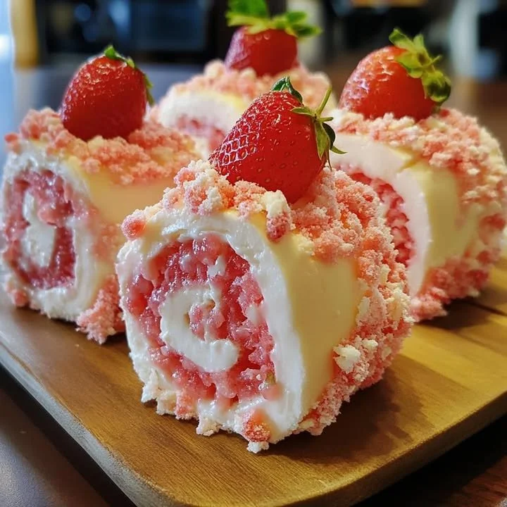 Cheesecake rolls with strawberry shortcake filling on a white plate