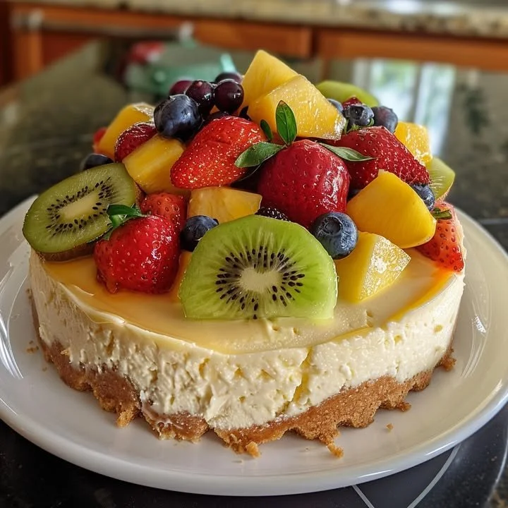Cheesecake topped with fresh fruit salad for a delicious dessert