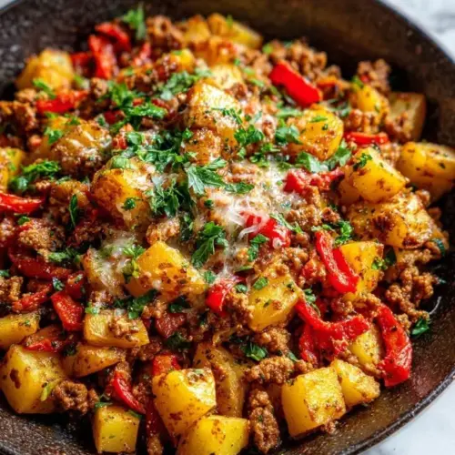 Cheesy Beef and Potato Skillet served in a cast iron pan