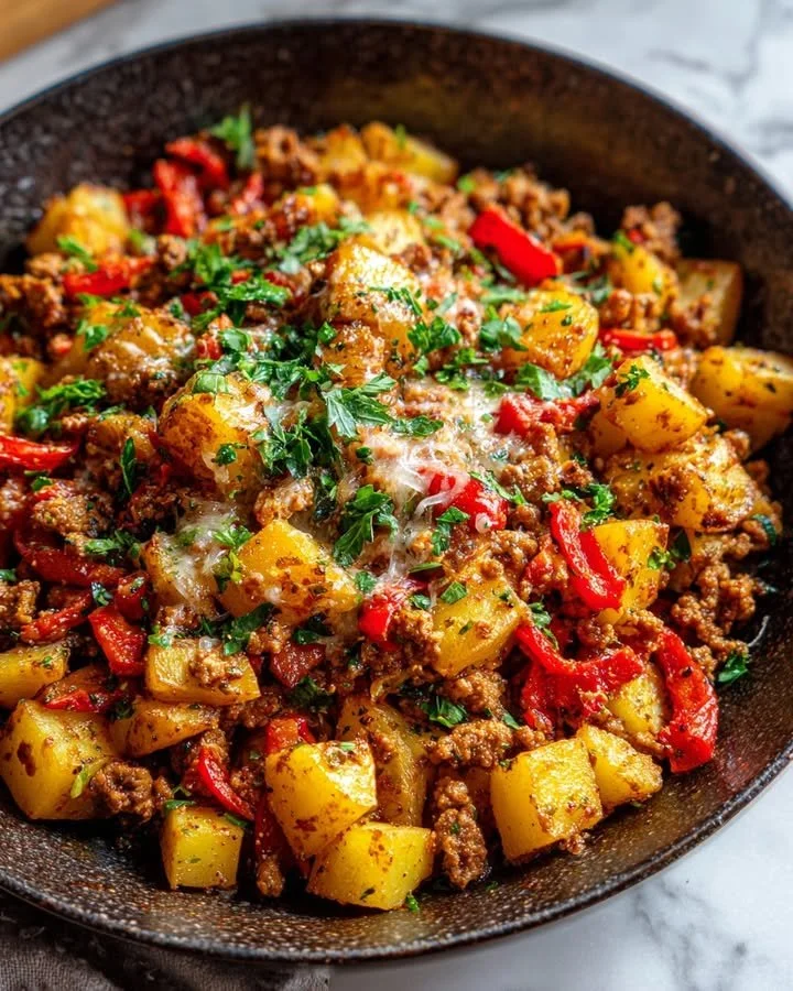 Cheesy Beef and Potato Skillet served in a cast iron pan