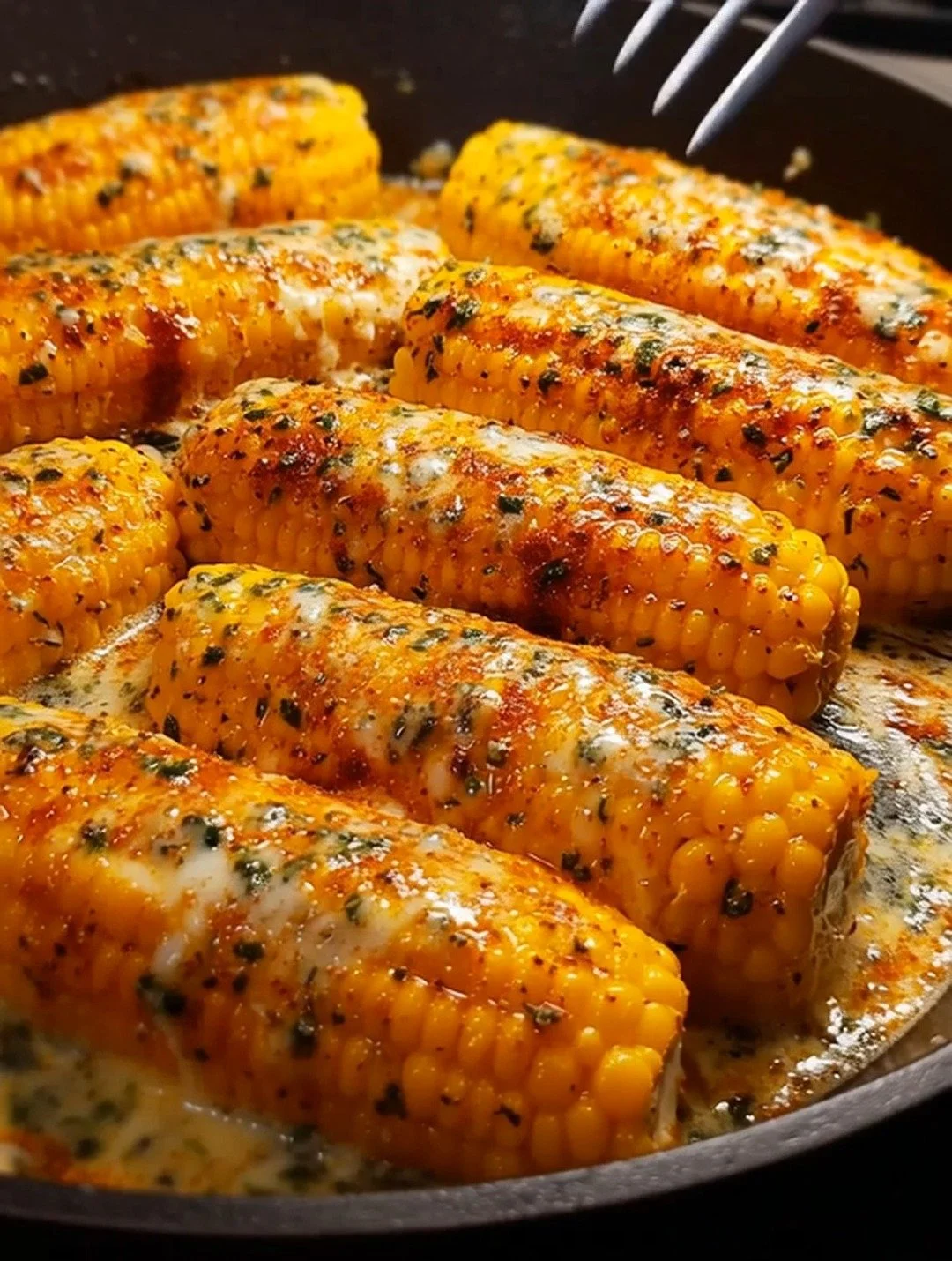 Cheesy garlic butter corn skillet garnished and ready to serve.