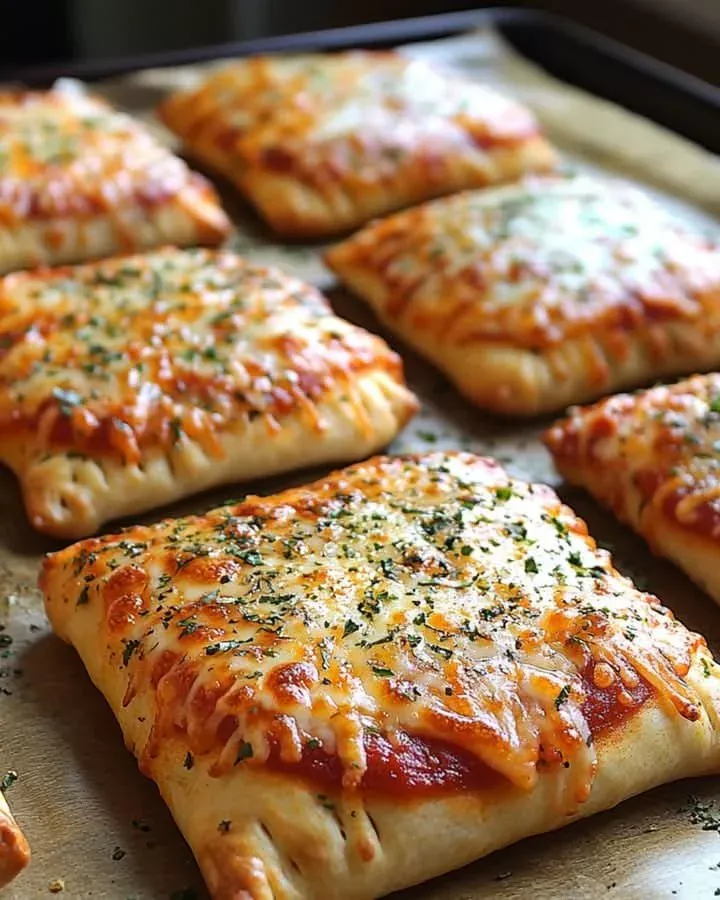 Homemade cheesy pizza pockets filled with delicious toppings.