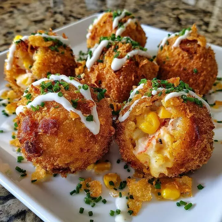 Cheesy lobster corn delights on a plate with herbs and spices.