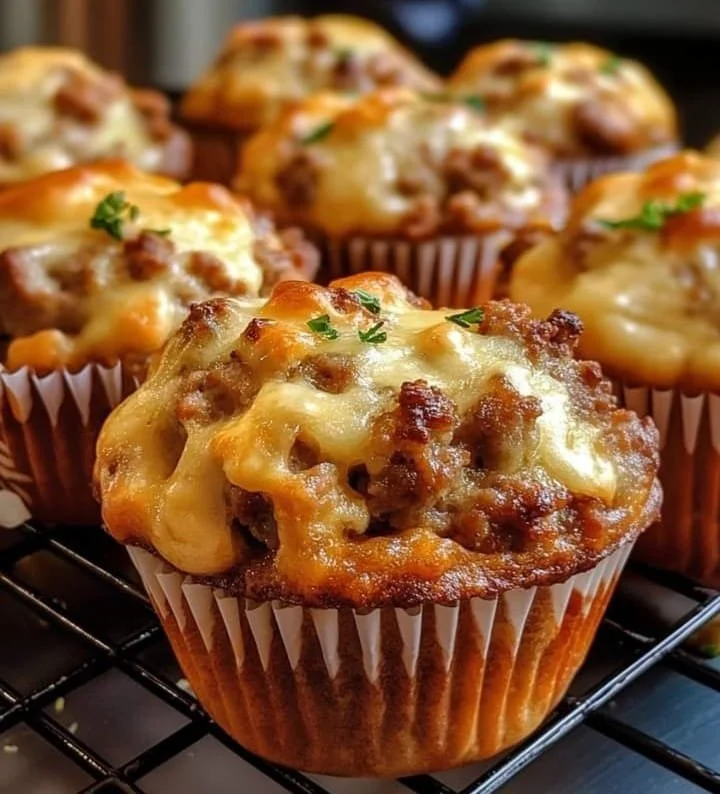 Cheesy Sausage Breakfast Muffins fresh out of the oven, perfectly golden and fluffy.