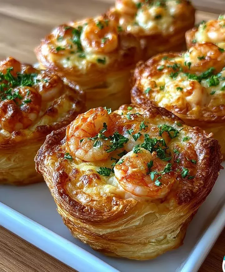 Cheesy shrimp puff pastry bites served on a platter.