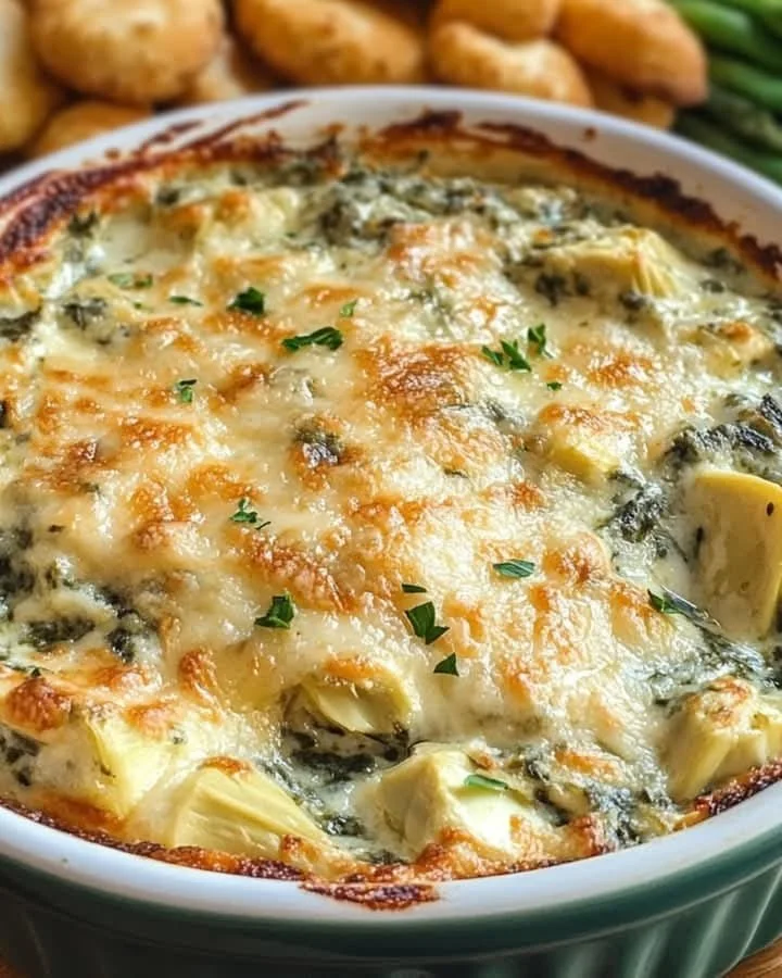 A delicious bowl of cheesy spinach and artichoke dip served with tortilla chips.