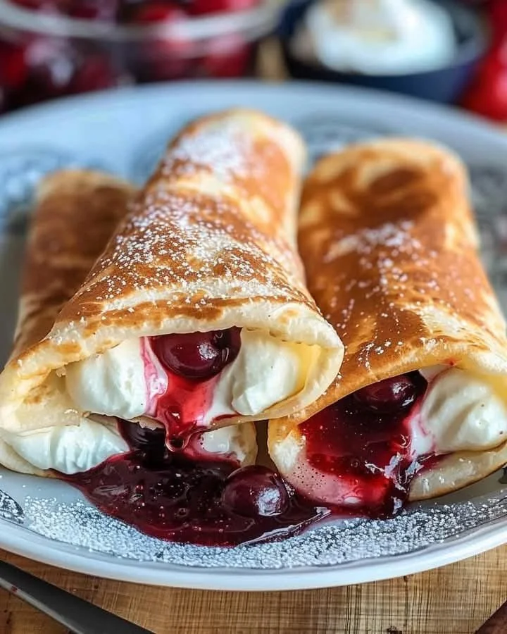 Delicious cherry cheesecake filled chimichangas served on a plate