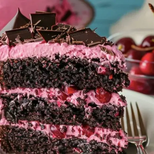 Slice of Cherry Dr Pepper Layer Cake topped with cherry frosting