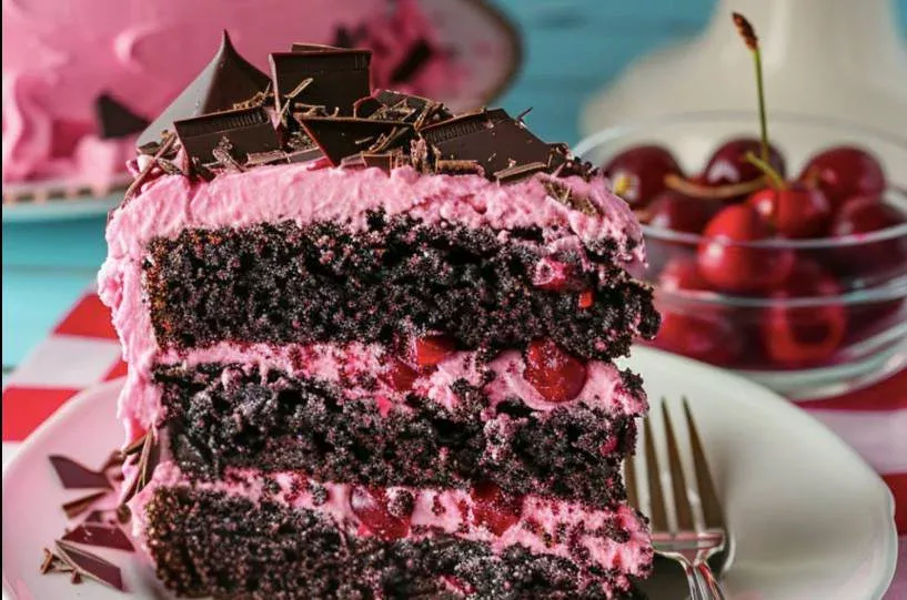 Slice of Cherry Dr Pepper Layer Cake topped with cherry frosting