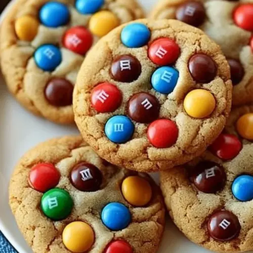 Plate of chewy M&M cookies with colorful candy pieces