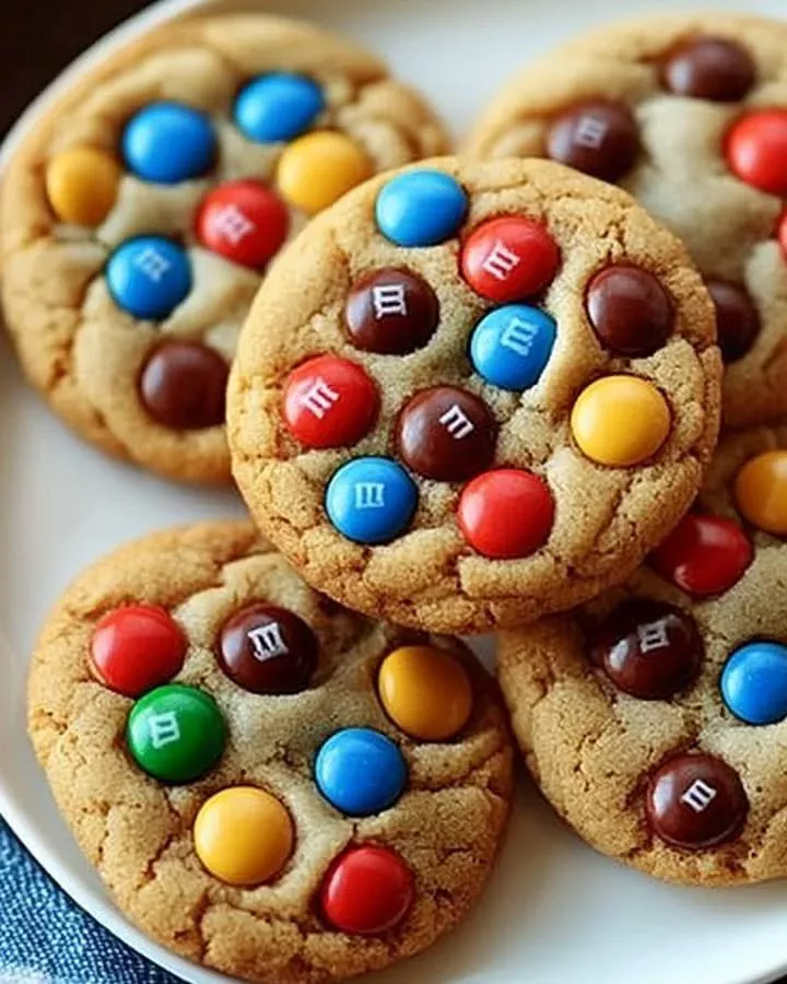 Plate of chewy M&M cookies with colorful candy pieces