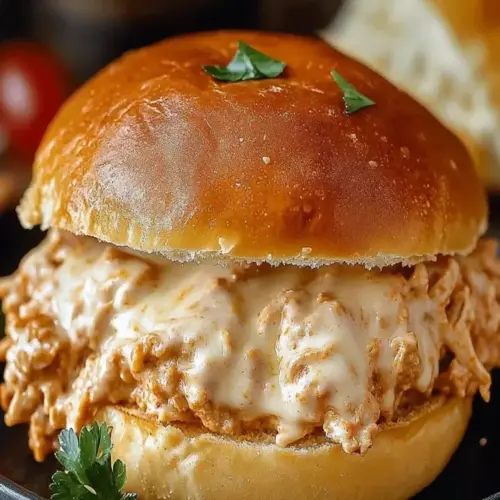 Delicious Chicken Alfredo Sloppy Joes served on a plate with fresh herbs