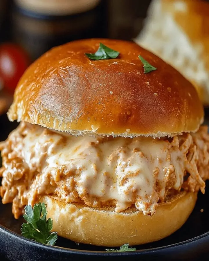 Delicious Chicken Alfredo Sloppy Joes served on a plate with fresh herbs