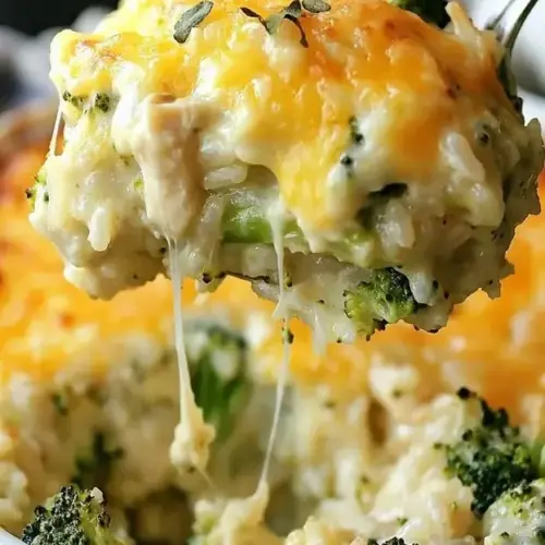 Delicious Chicken Broccoli Rice Casserole in a baking dish
