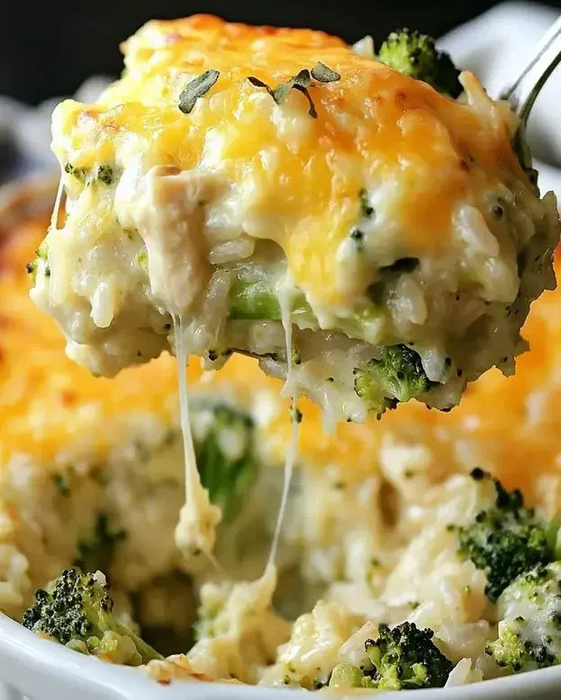Delicious Chicken Broccoli Rice Casserole in a baking dish