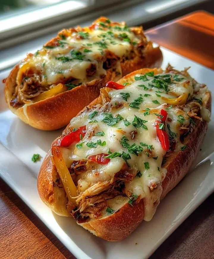 Delicious Chicken Philly Cheesesteak Subs with melted cheese and fresh veggies