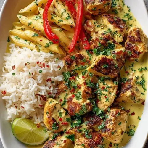Coconut Lime Chicken served over rice pasta garnished with lime slices.