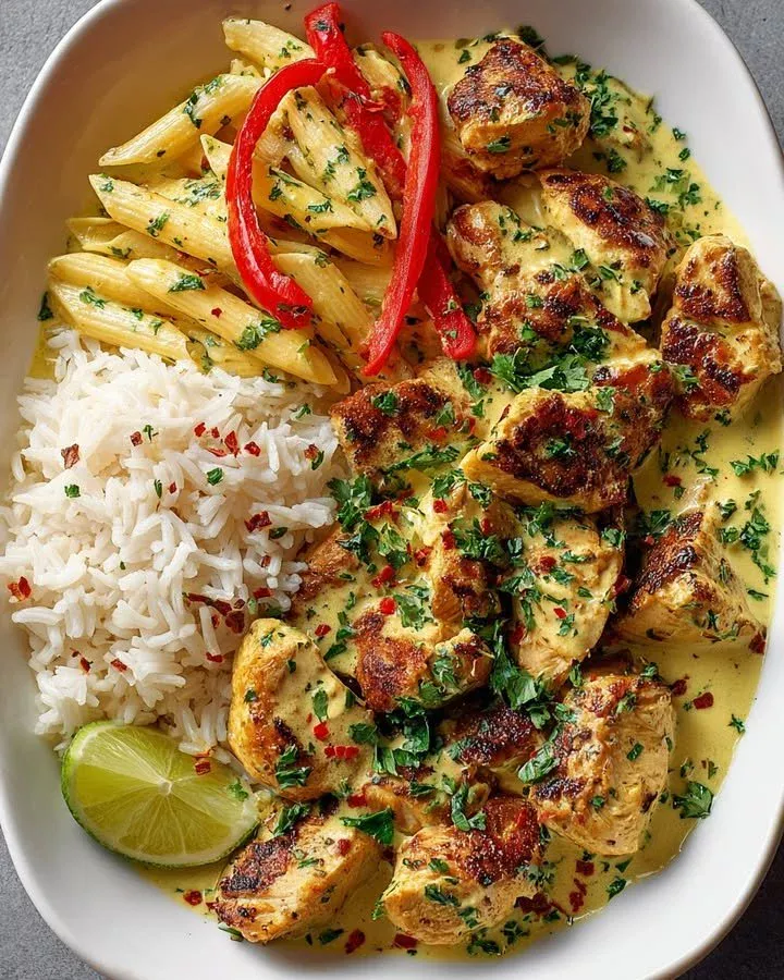 Coconut Lime Chicken served over rice pasta garnished with lime slices.