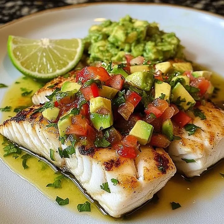Coconut Lime Fish served with fresh Avocado Salsa on a plate