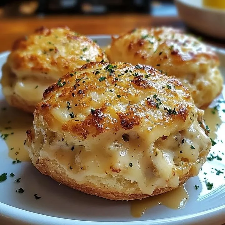 Crab-stuffed cheddar bay biscuits, golden and flaky, topped with seafood filling.