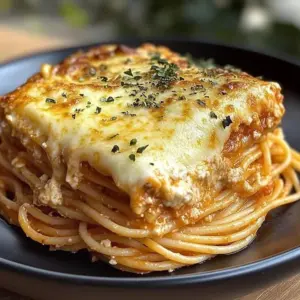 Cream cheese spaghetti casserole topped with melted cheese in a baking dish